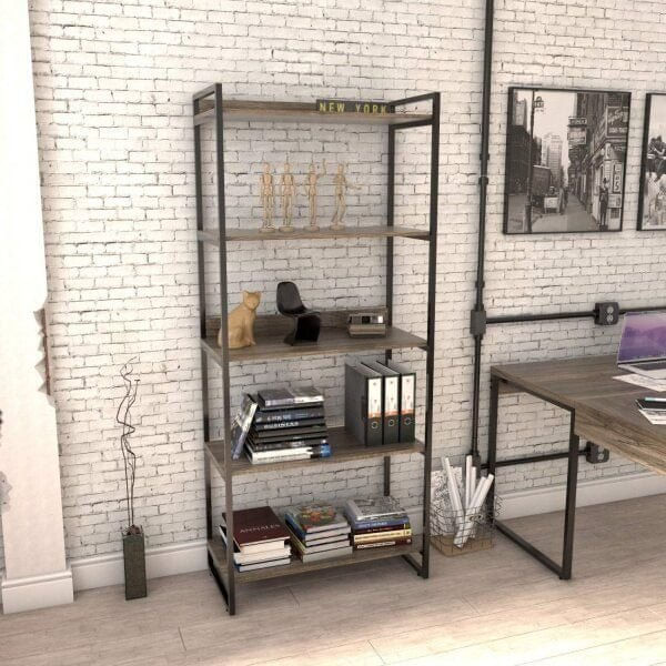 Estante para Livros Industrial 187cmx80cm 5 Prateleiras Kuadra Carvalho Dark