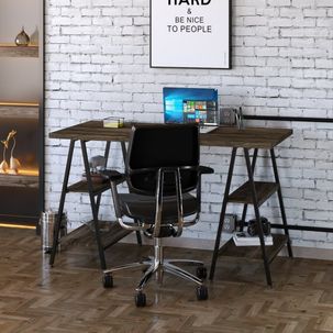 Escrivaninha Cavalete 135cm 4 Prateleiras Estilo Industrial Kuadra Carvalho Dark