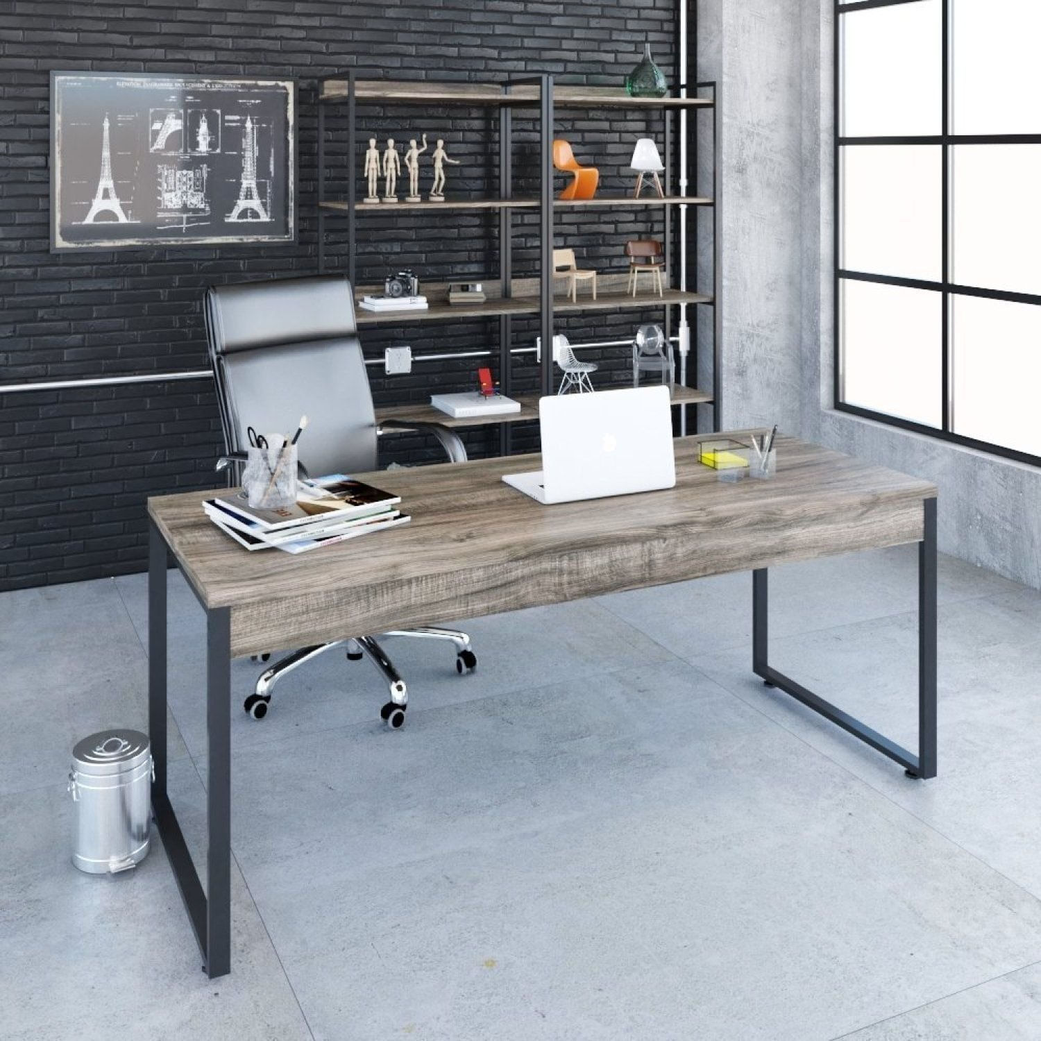 Mesa para Escritório Diretor Estilo Industrial 180cm Kuadra Carvalho Dark