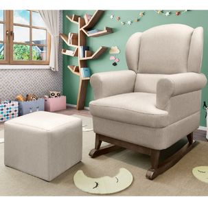 Poltrona para Amamentação Linho Pés Canoa com Puff Sabrina Bege