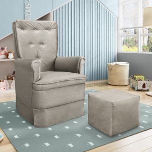 Poltrona para Amamentação em Veludo Com Balanço e Puff Valentina Cinza