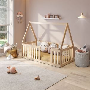 Mini Cama Montessoriana com Grade e Telhado Giulia Casatema Natural/Bege