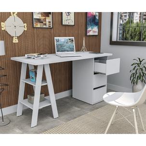 Mesa Escrivaninha para Escritório 135cm 3 Gavetas Cavalete Self Appunto Branca