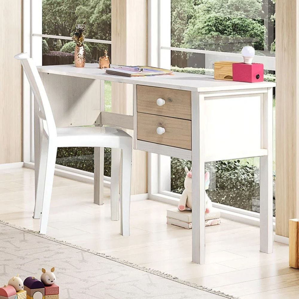 Escrivaninha Infantil Club House Wood com 2 Gavetas Branco/Natural - Casatema