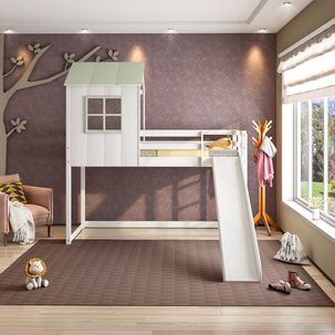 Cama Alta Infantil Cabana Family com Escorregador Casatema Branco/Verde