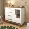 Cômoda Infantil 1 Porta com Janela 4 Gavetas em MDF Kakau Retrô Branco Brilho/Carvalho