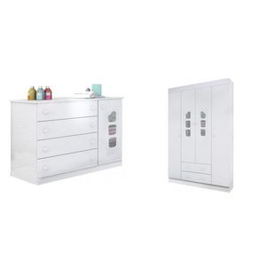 Quarto infantil com Guarda-Roupa 4 Portas 2 Gavetas e Cômoda Lívia Branco