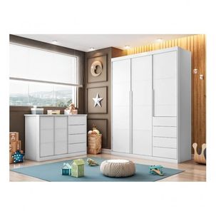 Conjunto Quarto Infantil com Guarda-Roupa 3 Portas 4 Gavetas e Cômoda Pérola Branco Acetinado