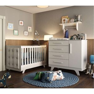 Quarto de Bebê com Cômoda de Bebê e Berço com Capitonê e Prateleira Retrô Jolie Branco Brilho