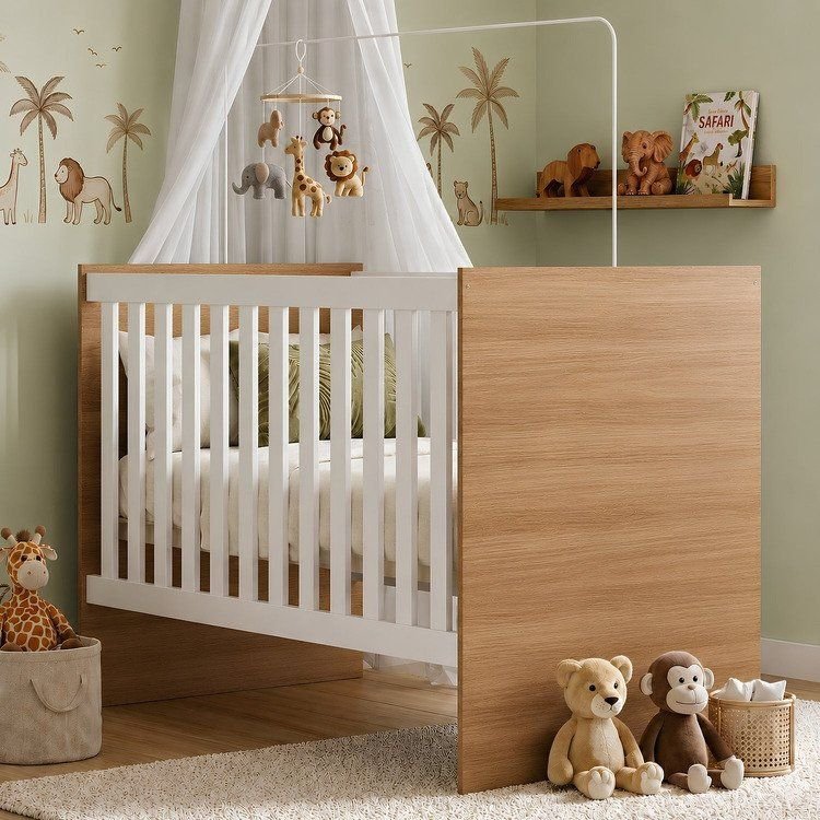 Berço com Suporte Mosquiteiro 100% MDF Life Branco/Madeirado Ypê