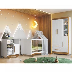 Quarto de Bebê 100% MDF Berço Minicama com Colchão, Cômoda e Guarda Roupa Flocos Branco/Ypê