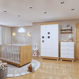 Quarto de Bebê 100% MDF Berço Minicama com Colchão, Cômoda e Guarda Roupa 3 Portas Life Branco/Ypê