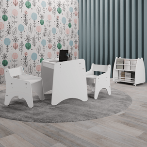 Conjunto Infantil 4 Pecas 1 Mesa 2 Cadeirinhas 1 Biblioteca Porta Livros Branco