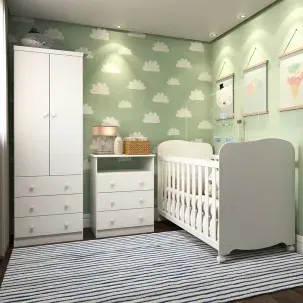 Quarto de Bebê Completo com Berço Americano Guarda Roupa Cômoda Teka Espresso Móveis Branco Brilho