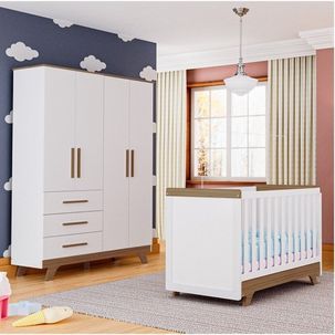 Quarto de Bebê Completo Berço Retrô com Guarda Roupa 4 Portas 3 Gavetas 100% MDF Jolie Branco Brilho/Carvalho