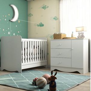 Quarto de Bebê com Berço Americano 3 em 1 e Cômoda 1 Porta 3 Gavetas Ben Branco Brilho