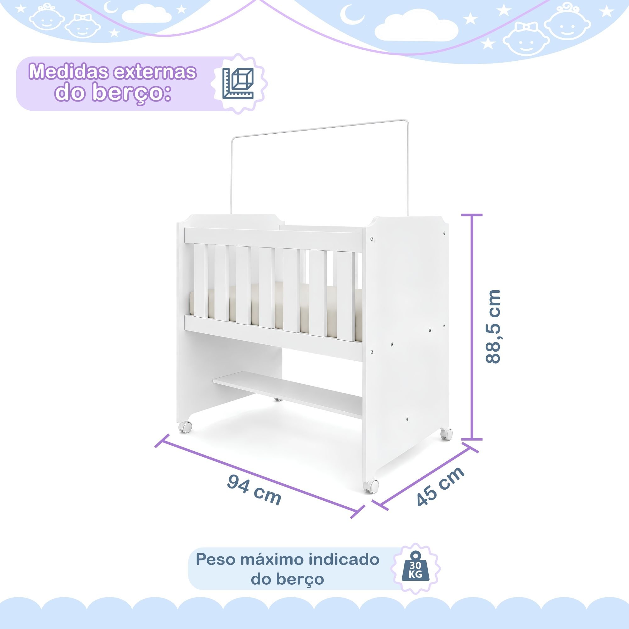 Mini Berço 100% MDF com Rodízios Branco