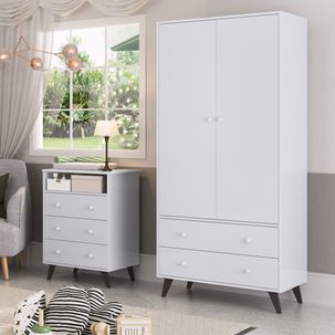 Quarto De Bebê Completo Roupeiro 2 Portas 2 Gavetas Com Cômoda 3 Gavetas 1 Nicho Nuvem Branco