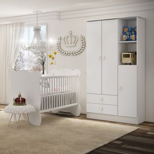 Quarto De Bebê Completo Berço Com Guarda Roupa 3 Portas 2 Gavetas 2 Nichos Algodao Doce Branco