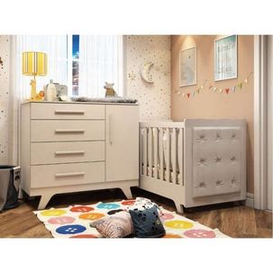 Quarto de Bebê com Cômoda 1 Porta 4 Gavetas e Berço com Capitonê Retrô Jolie Branco Brilho