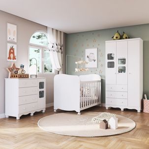 Quarto de Bebê Completo com Guarda Roupa 3 Portas com Janelas Cômoda e Berço 100% MDF Mimo Espresso Móveis Branco Brilho