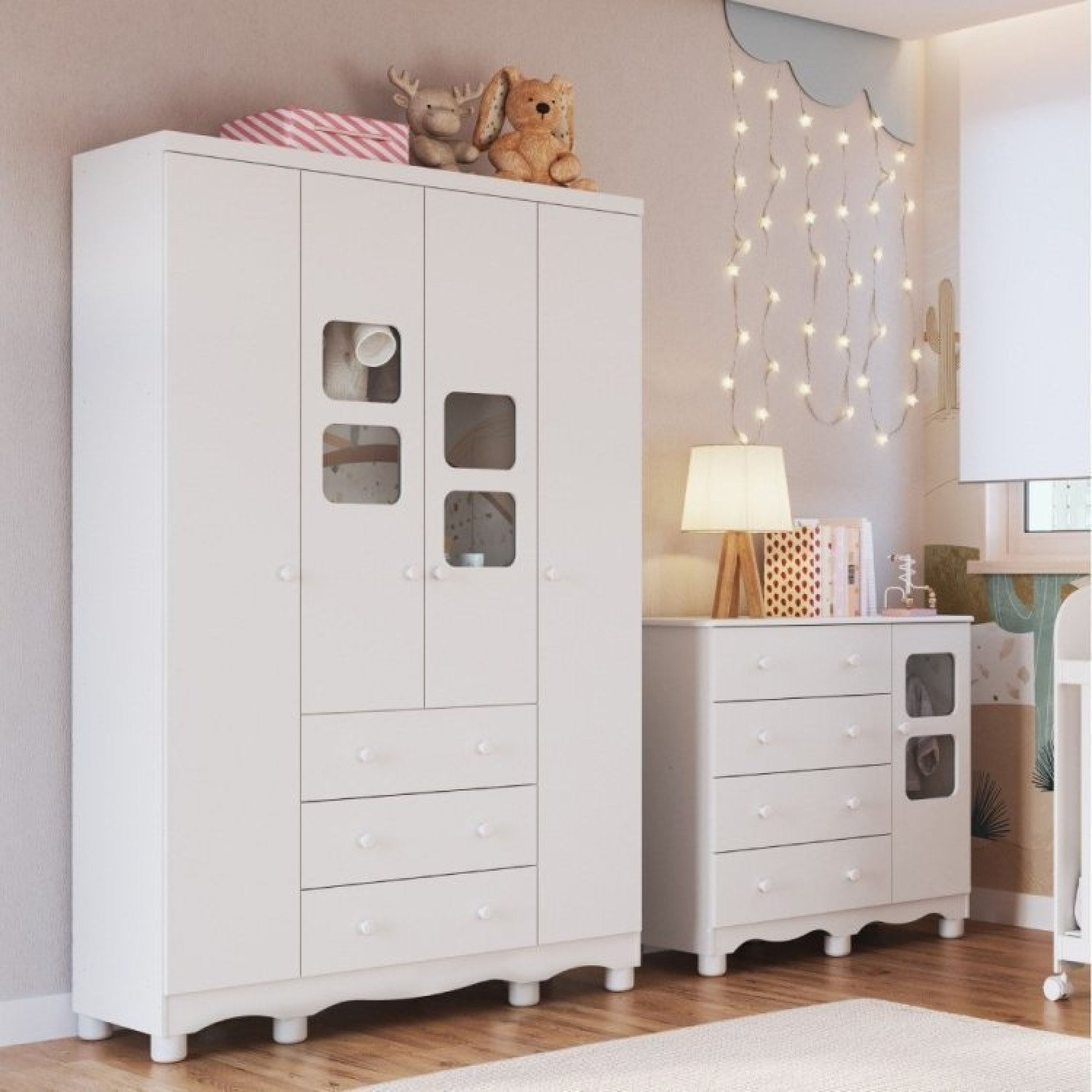 Quarto Infantil com Guarda Roupa 4 Portas e Cômoda 1 Porta com Janela Mimo Espresso Móveis Branco Brilho