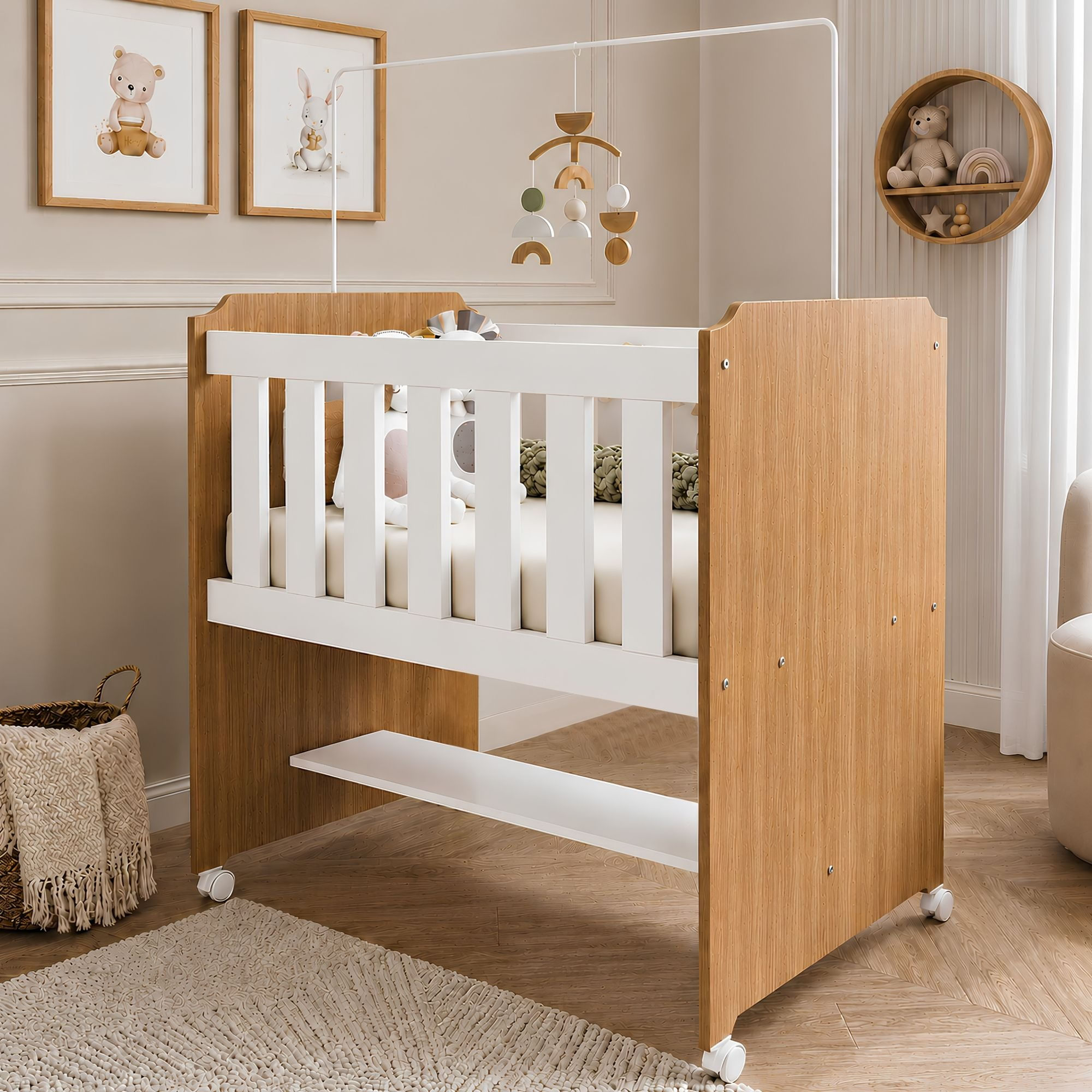 Mini Berço 100% MDF com Colchão Léo Yescasa Ipê/Branco
