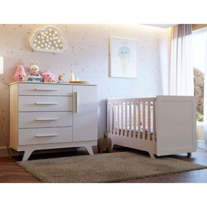 Quarto de Bebê com Cômoda e Berço 100% MDF Jolie Retrô Branco/Brilho