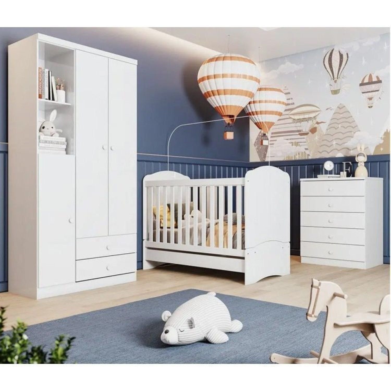 Quarto de Bebê com 1 Guarda Roupa 1 Cômoda e Berço 3 em 1 Abracadabra Espresso Móveis Branco Branco