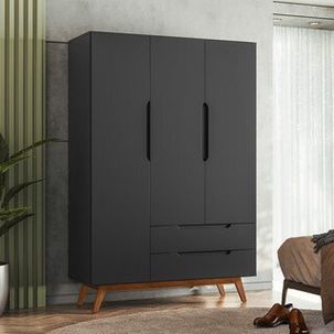 Guarda Roupa Solteiro Retrô 3 Portas 2 Gavetas Alpi Preto