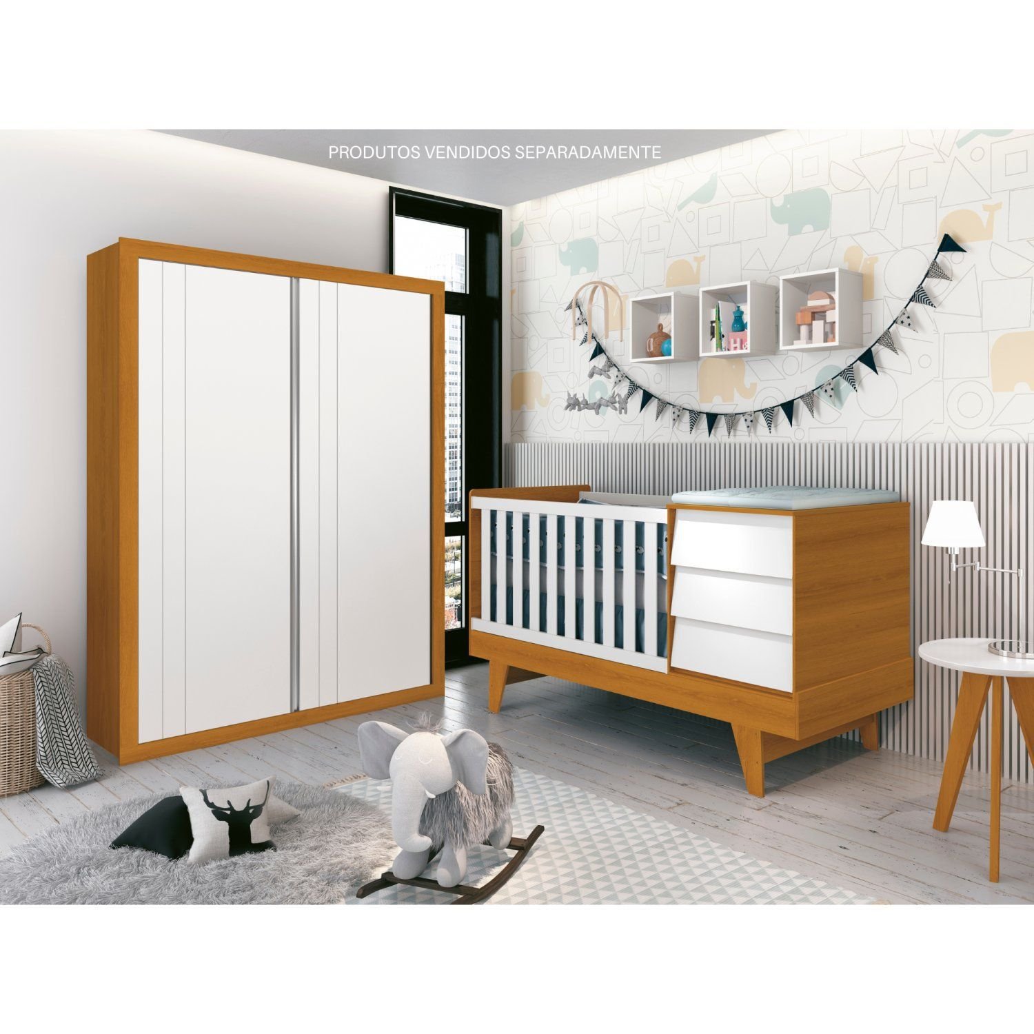 Berço Americano com Mesa de Cabeceira Prince Branco Fosco/Savana