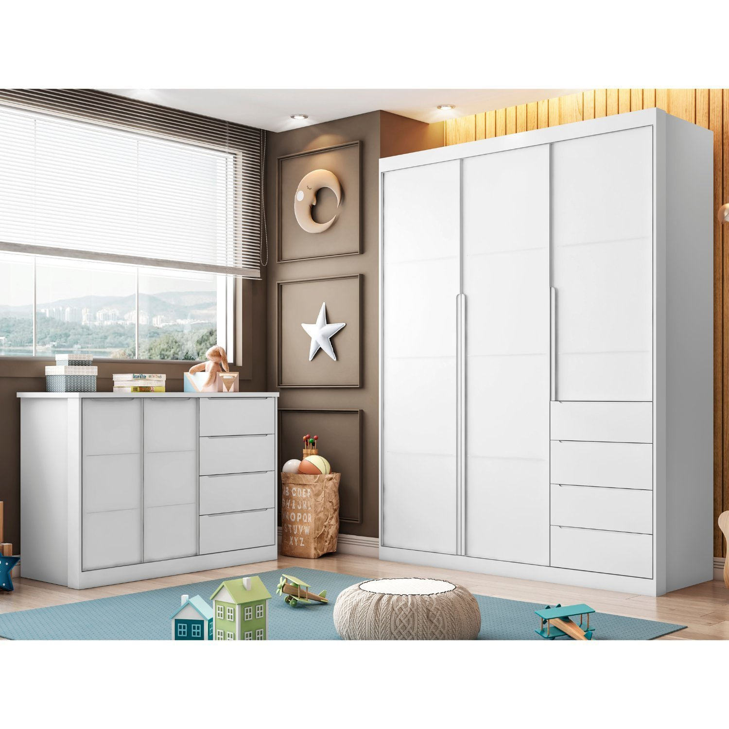 Quarto Infantil Completo Guarda Roupa 3 Portas 4 Gavetas com Cômoda 2 Portas 3 Gavetas Branco