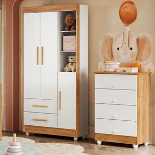 Quarto de Bebê Guarda Roupa 3 Portas e Cômoda 100% MDF Nina Amadeirado/Branco