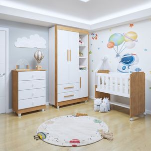 Quarto de Bebê Completo com Cômoda, Mini Berço com Colchão e Guarda Roupas Lila Amadeirado / Branco