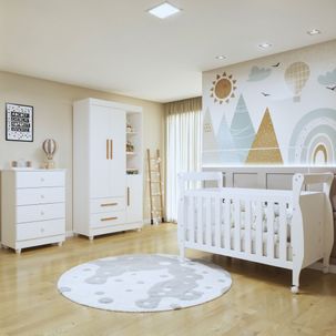 Quarto de Bebê Completo com Cômoda, Berço com Colchão e Guarda Roupas Mia Branco