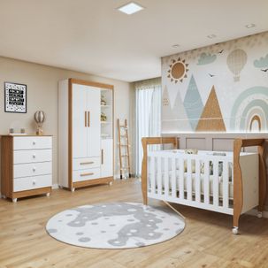Quarto de Bebê Completo com Cômoda, Berço com Colchão e Guarda Roupas Mia Branco / Amadeirado