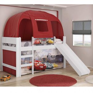Cama Infantil com Escorregador e Barraca Carros Disney Play Pura Magia Branco