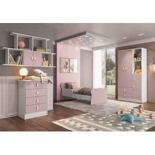 Quarto Infantil Completo Docinho com Guarda-Roupa, Cômoda, Mini Cama e Nicho Espresso Móveis Branco/Rosa