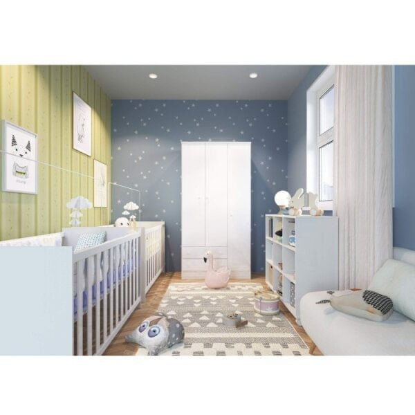 Quarto para Gêmeos com 2 Berços Mini Cama, Guarda-Roupa e Organizador Soninho Espresso Móveis Branco Branco