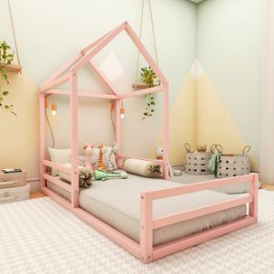 Cama Montessoriana Solteiro Meia Casinha limonada rosa