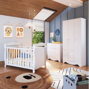 Quarto de Bebê Completo Berço 3 em 1, Guarda-roupa 3 Portas e Cômoda 100% MDF Cocada Espresso Móveis Branco Brilho