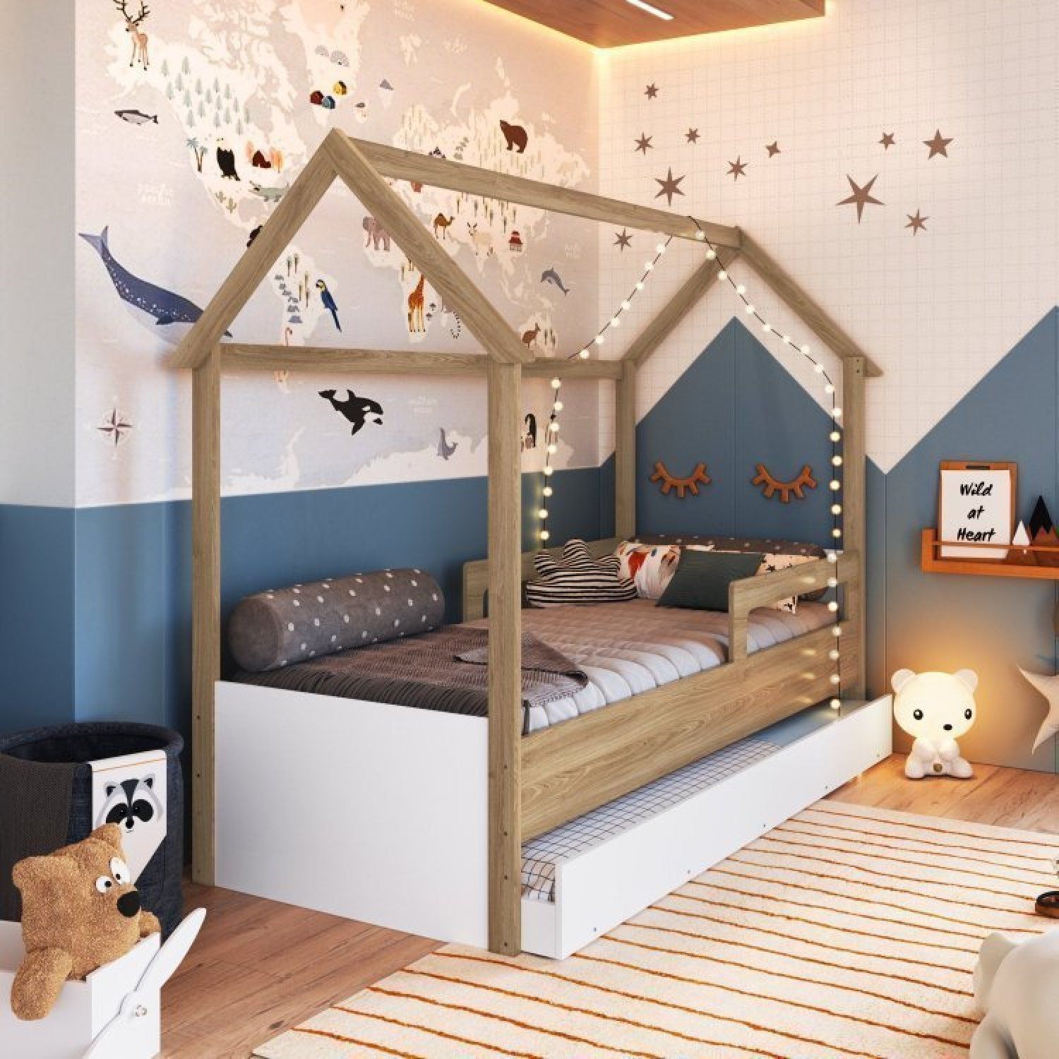 Cama Infantil Montessoriana com Cama Auxiliar 2 Colchões Aveiro Oak/Branco