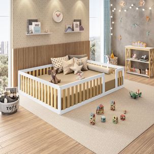 Cama Montessoriana Casal Giulia Madeira Maciça e MDF com Grade Casatema Branco/Natural