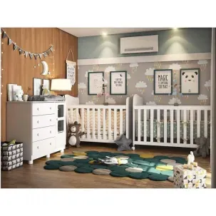Quarto de Bebê Irmãos com 2 Berços e Cômoda com Janela 100% MDF Uli Branco Brilho