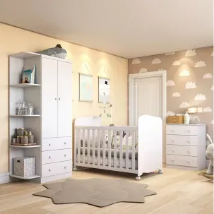 Quarto de Bebê Completo com Guarda Roupa Cômoda e Berço 100% MDF Pega-Pega Branco Brilho