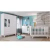 Quarto de Bebê Completo com Guarda Roupa com Janela Cômoda e Berço 100% MDF Jolie Retrô Branco Brilho