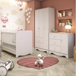 Quarto de Bebê Completo com Guarda Roupa Berço 3 em 1 e Cômoda 100% MDF Ben Branco Brilho