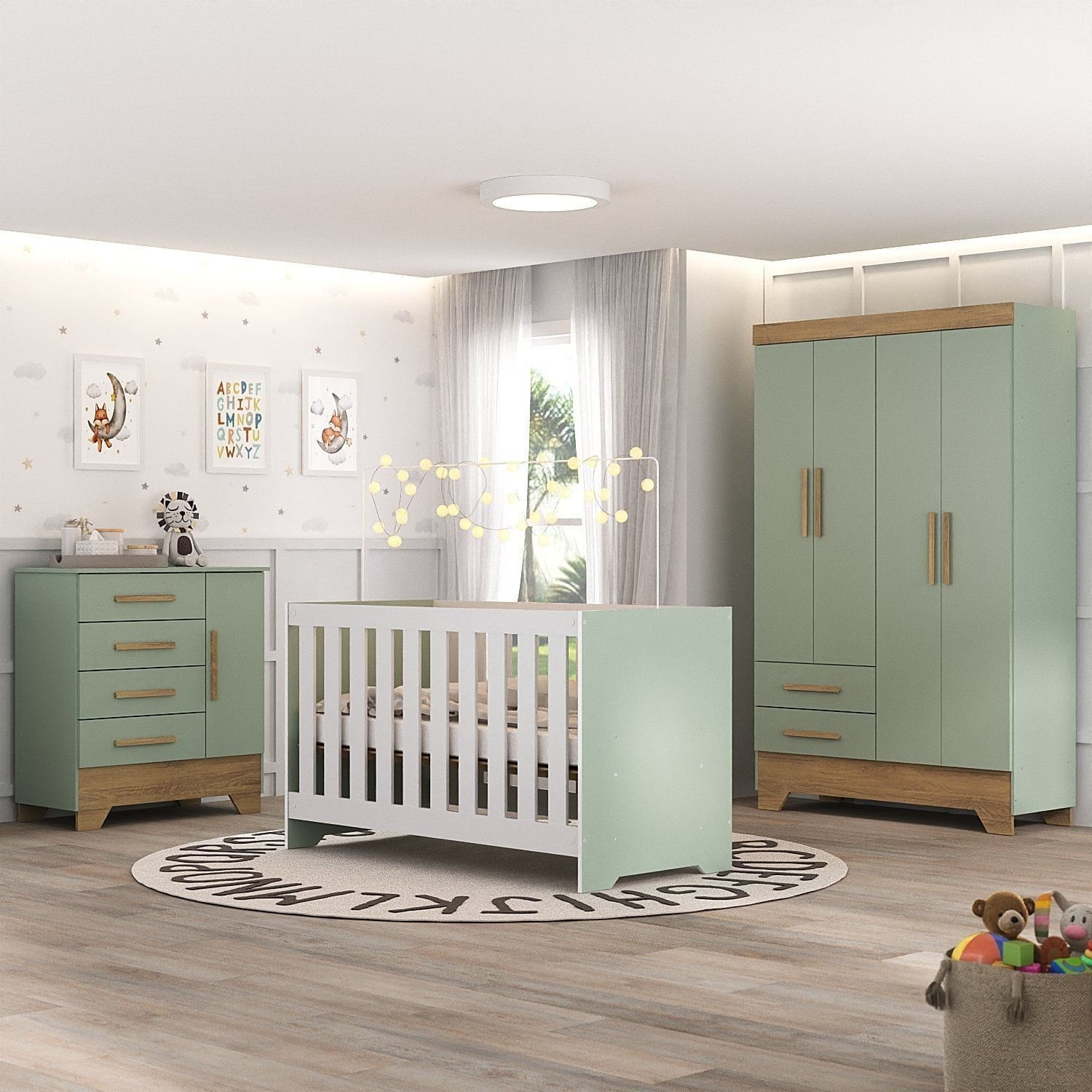 Quarto de Bebê Completo Guarda Roupa 4 Portas 2 Gavetas com Cômoda e Berço Lily Espresso Móveis Verde Fosco/Nature