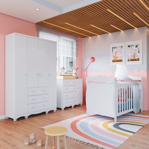 Quarto de Bebê com Guarda Roupa 4 Portas Cômoda 1 Porta 4 Gavetas e Berço Nina 100% Mdf Espresso Móv Branco Brilho