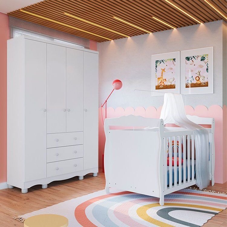 Quarto de Bebê com Guarda Roupa 4 Portas 3 Gavetas e Berço Mini Cama ...